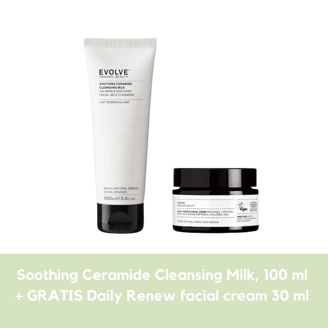 Bundle - Evolve Soohting Ceramide Cleansing Milk + 1 stk. Daily Renew facial cream Gua-sha.dk